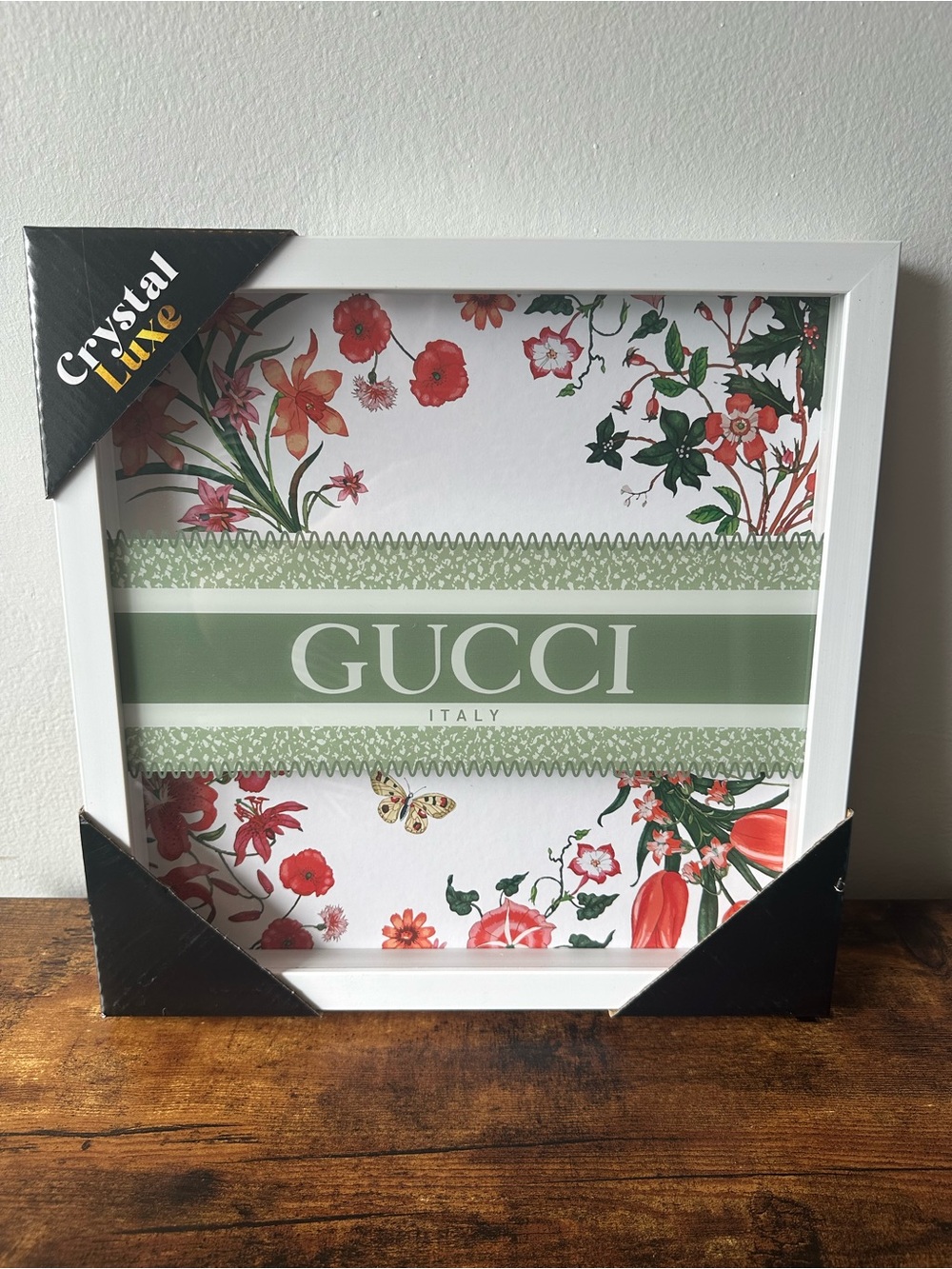 Framed Luxury Designer Green and Red Flowers Wall Decor Art 15x15" NWT